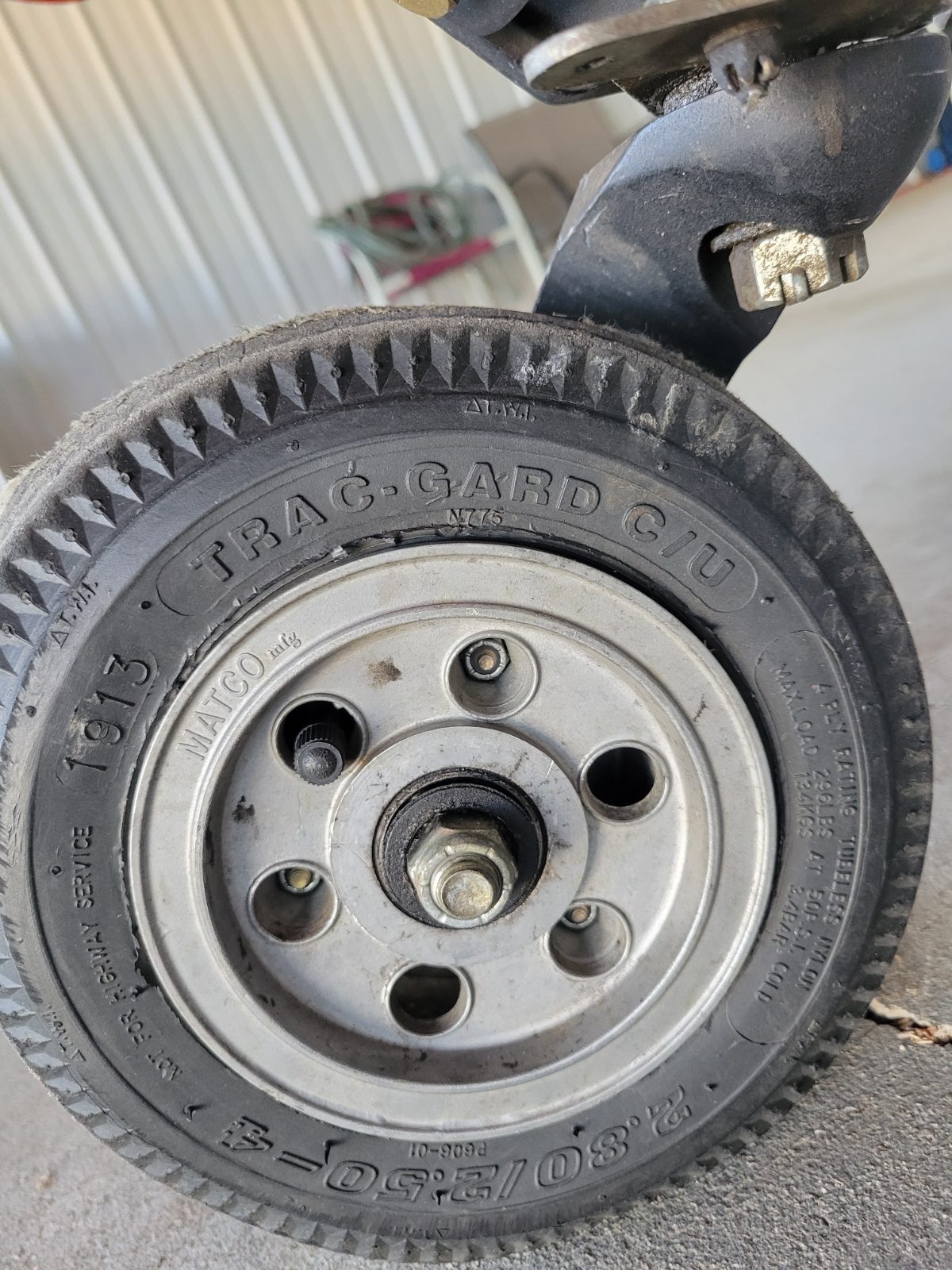 Close-up of an aircraft tire and wheel