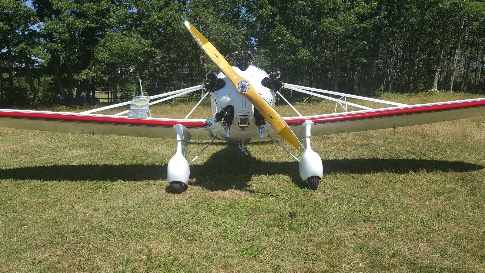 Front view of a vintage radial-engine monoplane with a wooden propeller on a grass field