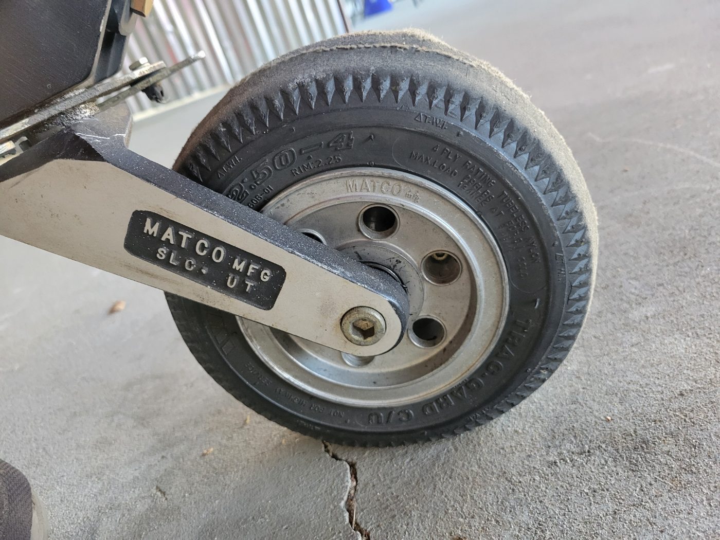 Close-up of a wheel and brake assembly
