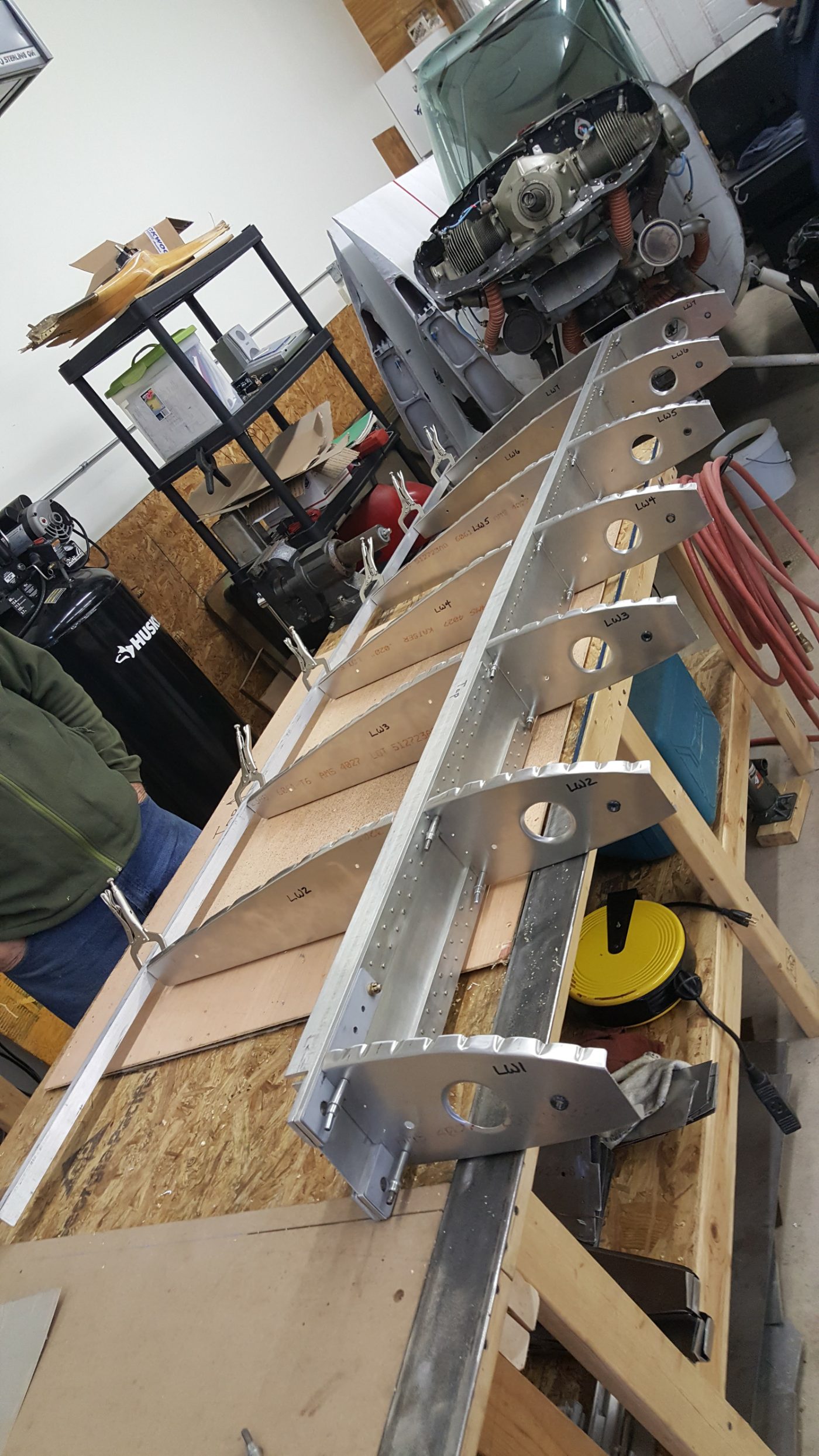 Aluminum wing ribs on a workbench